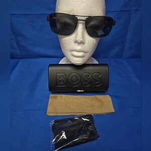 Boss 60mm Polarized Sunglasses Rectangular Black Frame Smoke Lenses